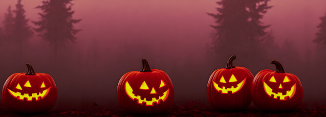 Jack O Lanterns - Halloween Background. Banner size. 3d