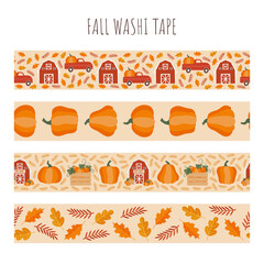 Autumn farm washi tape set with pumpkins, red barns, pickups and leaves . Cute seamless vector borders with cartoon style fall farm elements