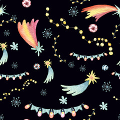 Cute Snowman characters with gift boxes watercolour hand drawn elements in seamless pattern background. Christmas winter pattern red and blue colours. Cartoon style New year background.