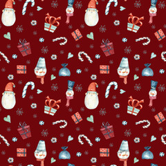 Cute Snowman characters with gift boxes watercolour hand drawn elements in seamless pattern background. Christmas winter pattern red and blue colours. Cartoon style New year background.