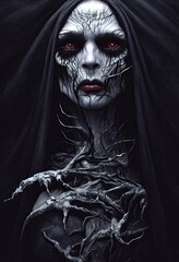 Creepy hooded priestess with black streaks on her face, digital illustration  - obrazy, fototapety, plakaty