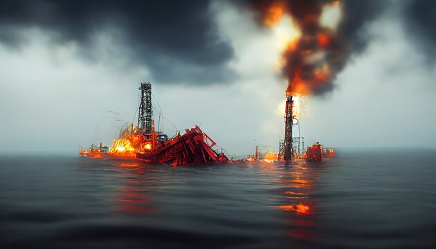 An Illustration Of A Drilling Rig Oil Spill, Deep Water Horizon.