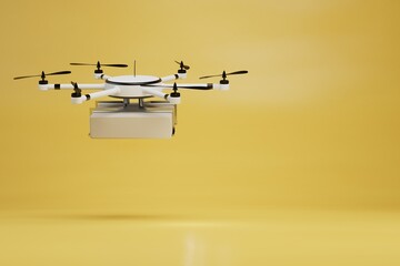 new concepts of parcel delivery using drones. drone with parcel flying on a yellow background. copy paste. 3D render