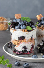 Chia pudding with blueberry and blackberry in two glass on plate on gray background, Concept of healthy eating, dieting, fitness menu