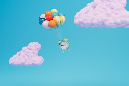 a buddler flying among the clouds on multi-colored balloons on a blue background. 3D render