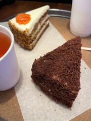 Carrot and chocolate cake in the cafe