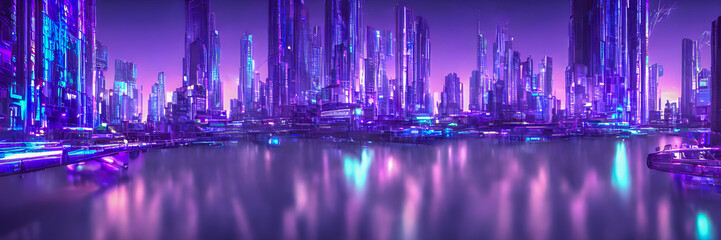 Futuristic metaverse city concept with glowing neon lights. Banner size