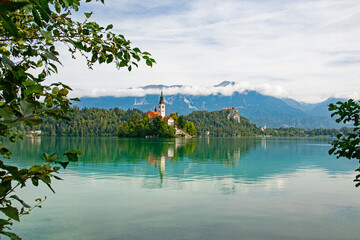 view over lake Bled and Bled island with the Church of the Assumption of Mary in Slovenia