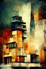 Abstract art painting of buildings - grunge earth tones