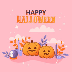 Halloween background. Pink Happy Halloween holiday greeting postcard. Cute Halloween pumpkins, candles, Crystal Ball and twigs with leaves for your postcard, poster or stickers