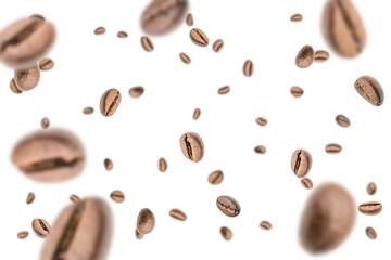 Coffee beans falling background. Black espresso coffee bean flying. Aromatic grain fall isolated on...