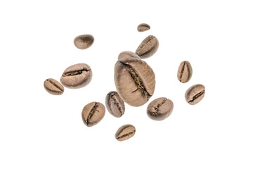 Naklejka premium Coffee beans fall background. Black espresso coffee bean falling. Aromatic grain flying isolated on white. Concept for coffee product advertising.