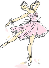 Woman ballet dancer of continuous line drawing in pink color. Dance trend logotype. Oneline style.