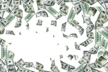 Hundred dollar bill. Falling money background. American cash.