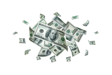 Hundred dollar bill. Falling money background. American cash.