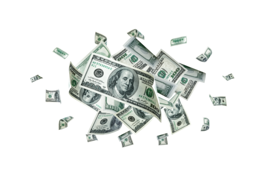 Hundred dollar bill. Falling money background. American cash.