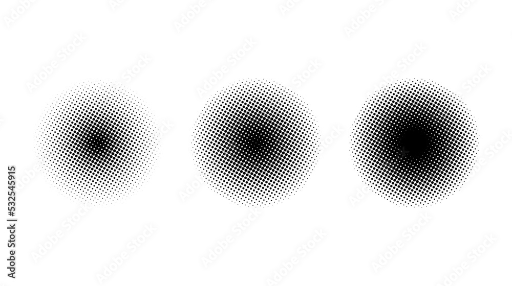 Poster Halftone circle gradient set. Comic style round shapes. Semitone dotted globes collection. Circular design elements and texture. Vector.