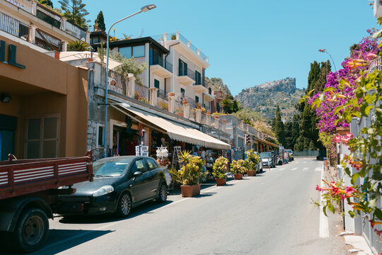 Nice street in Taormina, with Castelmola in the background