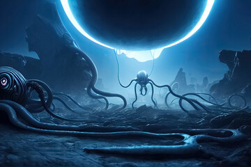 Futuristic aliens with tentacles. 3D illustration of science fiction space invaders galaxy monsters.