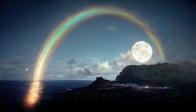 An illustration of a moonbow seen in Hawaii also known as a Lunar Rainbow or Moon Rays.