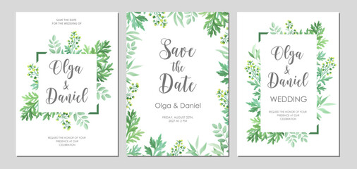 Greenery wedding invitation template. Invite card with place for text. Floral frame with sagebrush and wild herbs. Vector illustration.