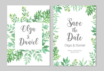 Greenery wedding invitation template. Invite card with place for text. Floral frame with sagebrush and wild herbs. Vector illustration.