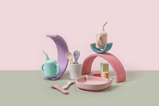 Balancing construction of kid tableware and wooden planks