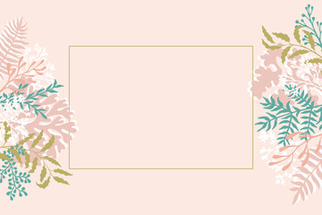 Bush fern foliage tree branches, pink green frame card vector template. Tropical garden foliage wedding invitation card, green pink white eucalyptus fern leaves. Empty border frame for text. 