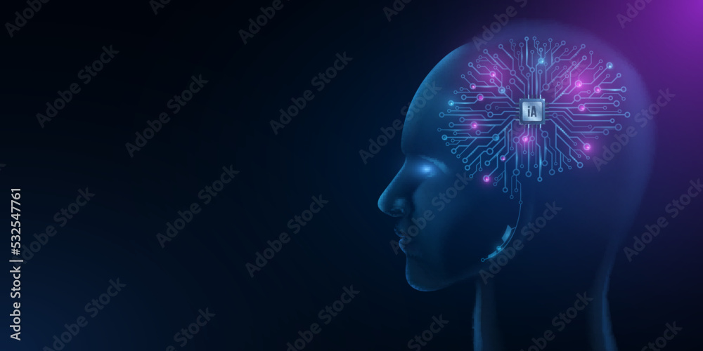 Poster cyborg head and artificial brain with processor. cyberman watching into space. artificial intelligen