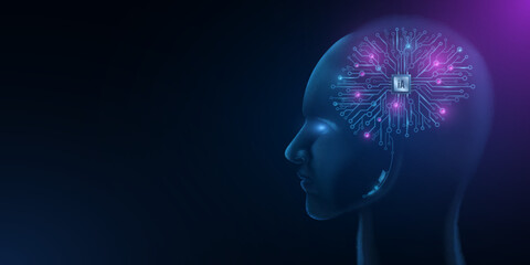 Cyborg head and artificial brain with processor. Cyberman watching into space. Artificial Intelligence background. Neural networks. Data visualization.Vector illustration