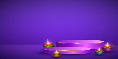 Podium with traditional Diya lamps for Diwali festival of light. 3D scene for display your products. Festive Indian mockup design. Vector illustration