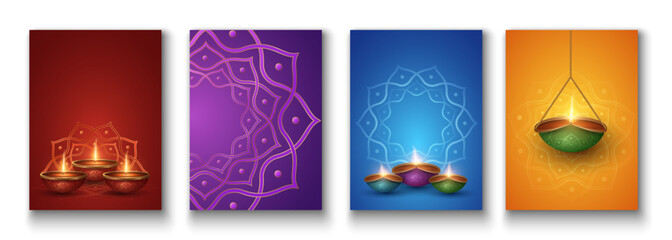 Set of posters for Diwali festival of light. Colorful Diya lamps with mandala pattern. Traditional Indian cover design. Burning lanterns. Festive banner for website. Greeting card. Vector