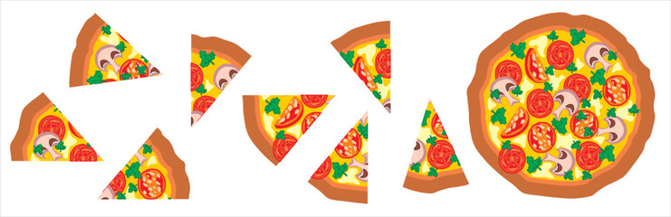 Slicing round pizza into portions. Vector drawing.
Pizza with smoked salami sausage, mushrooms champignons, vegetables tomatoes,
cheese, mayonnaise and parsley. A slice of pizza.