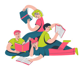 School kids reading books, education concept. Group of friends studying together. Reading books club. Vector illustration