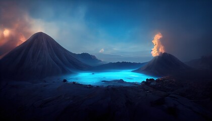 An illustration of the blue volcano in Indonesia, Kawah Ijen Volcano, Sulfuric Gas.