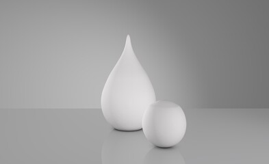 Render. Abstraction, a drop, a cream, or a jug stand on a light gray background. Neutral monochrome colors. Concept design 3d. - 532548129