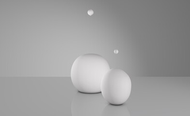 Render. Abstraction, drop or cream on a light gray background. Small balls come off and fly up or fall down. Neutral monochrome colors. Concept design 3d.