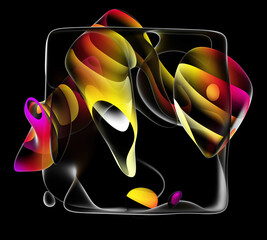 3d render of abstract art with surreal plastic cube or square shape sculpture in curve wavy elegance lines forms with neon glowing stripes in yellow mix color on isolated black background