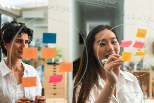 Women entrepreneur writing with marker on glass board