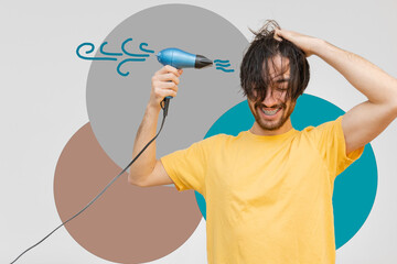 young latin man laughing while drying his hair with a travel hairdryer. background with illustrations