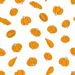 Pumpkins seamless pattern on white background vector illustration. Hand drawn vegetables in different shapes and sizes with black and white outline. Flat doodle style 