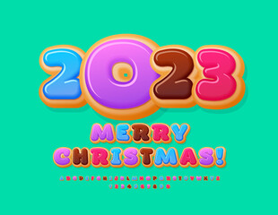 Vector happy Greeting Card Merry Christmas 2023! Sweet Donut Font. Colorful Alphabet letters and Numbers set
