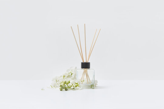 Interior design with aroma diffuser and natural white flowers.