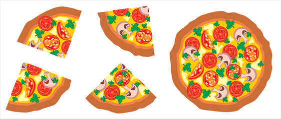 Slicing round pizza into portions. Vector drawing.
Pizza with smoked salami sausage, mushrooms champignons, vegetables tomatoes,
cheese, mayonnaise and parsley. A slice of pizza.