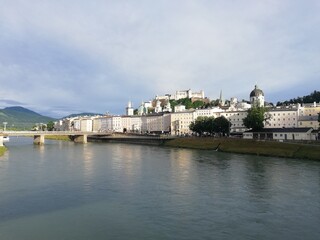 Fototapeta na wymiar Beautiful view of Salzburg with Festung Hohensalzburg and Salzach river