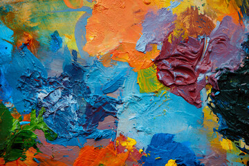Colorful abstract texture. Smears of oil paint and a palette knife on an art palette. The concept...