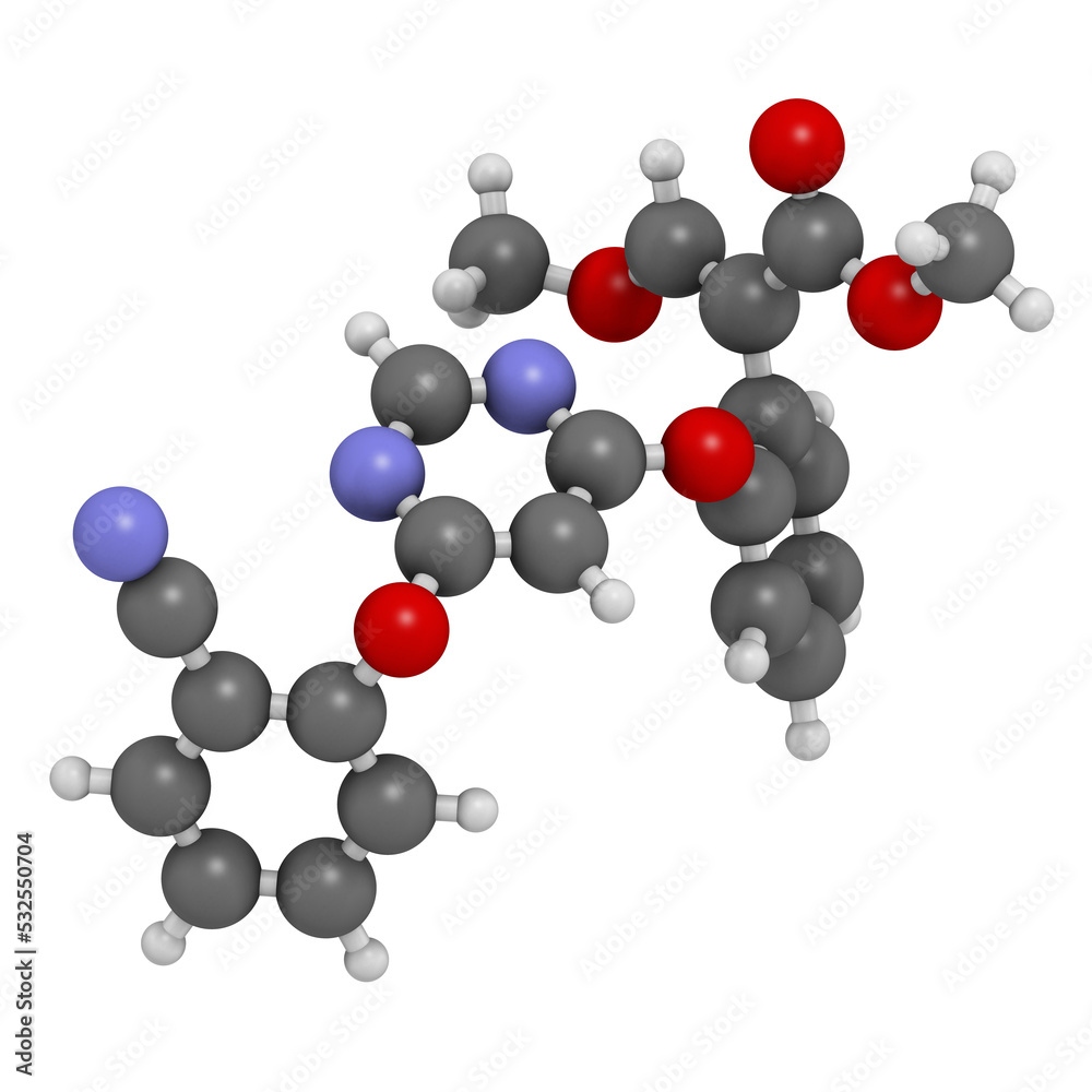 Poster azoxystrobin fungicide molecule, 3d rendering.