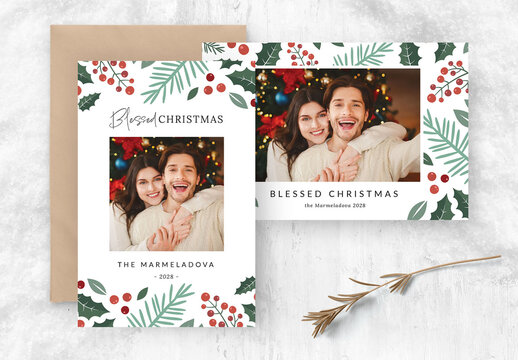 Christmas Photo Card Flyer with Festive Foliage
