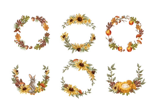 Wreath Circles of Rustic Autumn Fall Floral Leaves