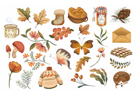 Autumn Fall Thanksgiving Clipart Illustrations with Warm Rustic Style